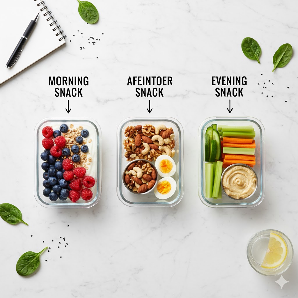 Daily snack plan with portioned healthy snacks for balanced blood sugar