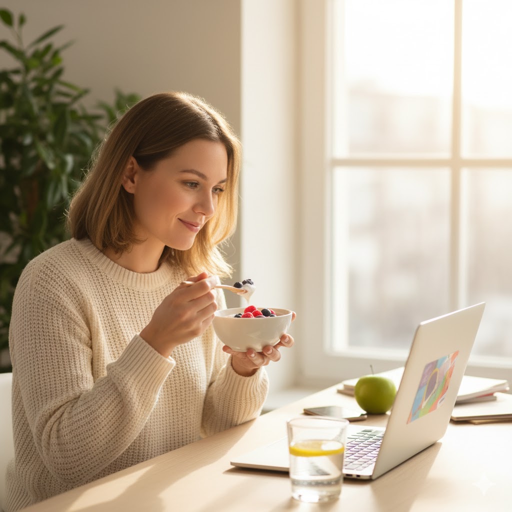 Person enjoying a healthy snack for steady energy and focus