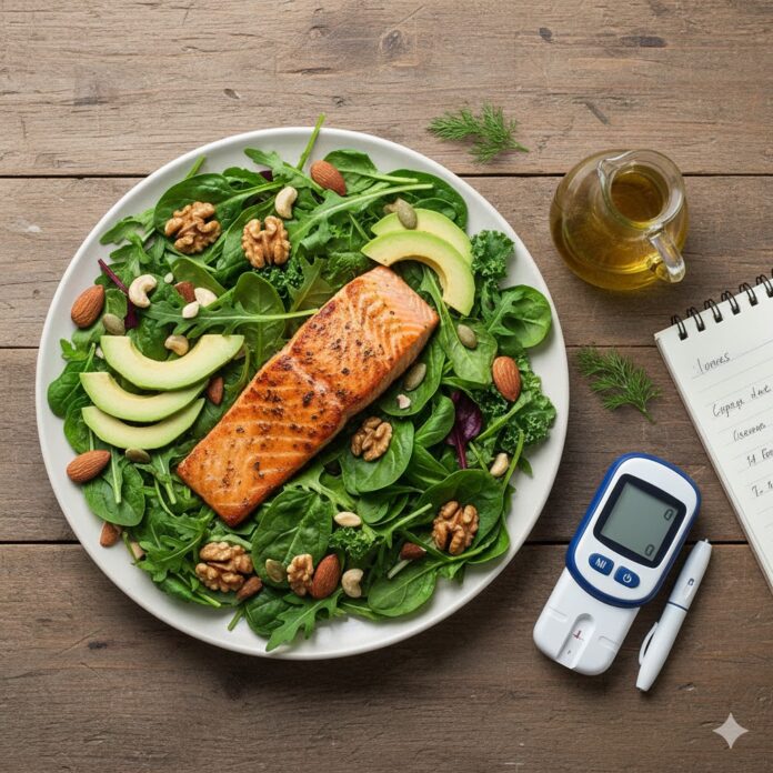 Healthy low-carb meal with salmon, avocado, and glucometer for blood sugar control
