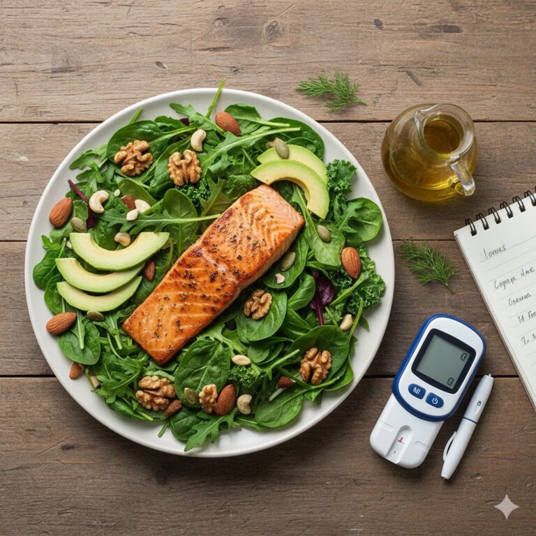 Healthy low-carb meal with salmon, avocado, and glucometer for blood sugar control