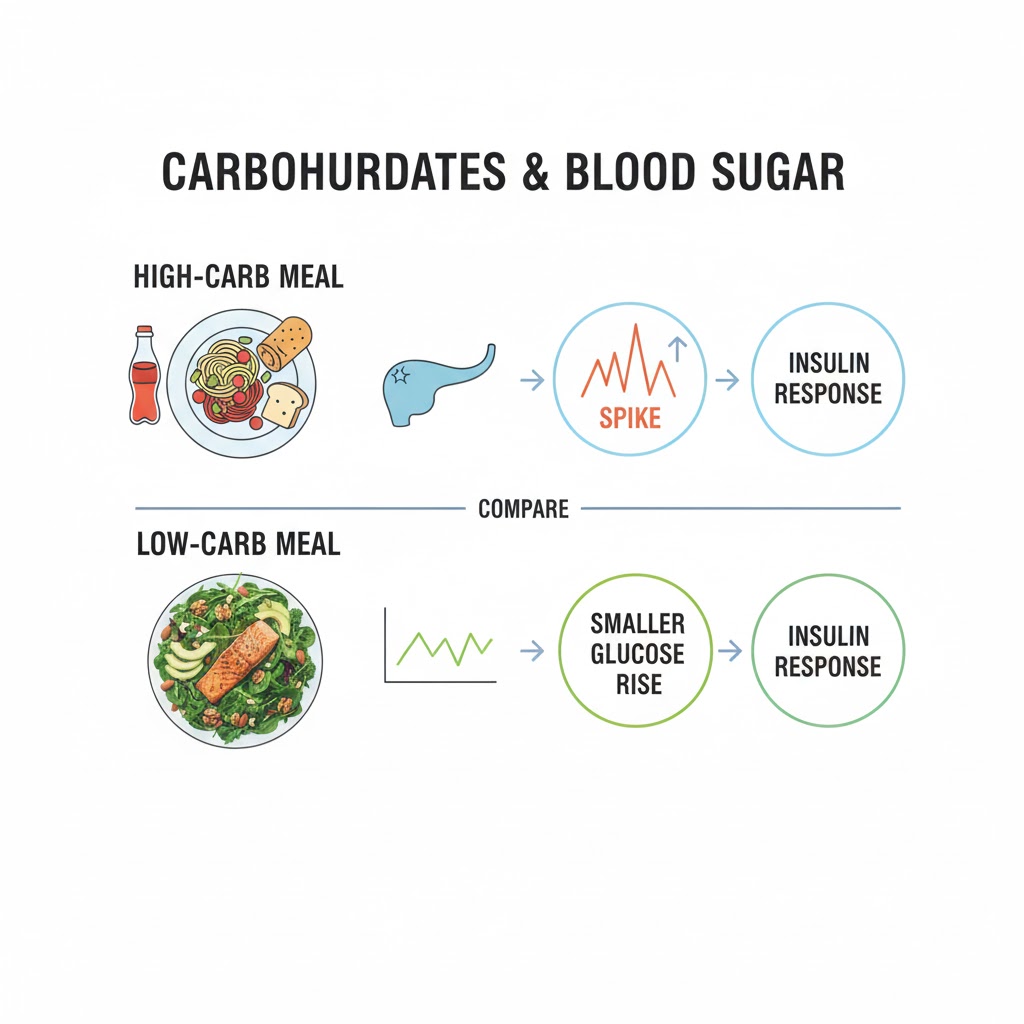 Infographic showing difference between high-carb and low-carb effects on blood sugar levels