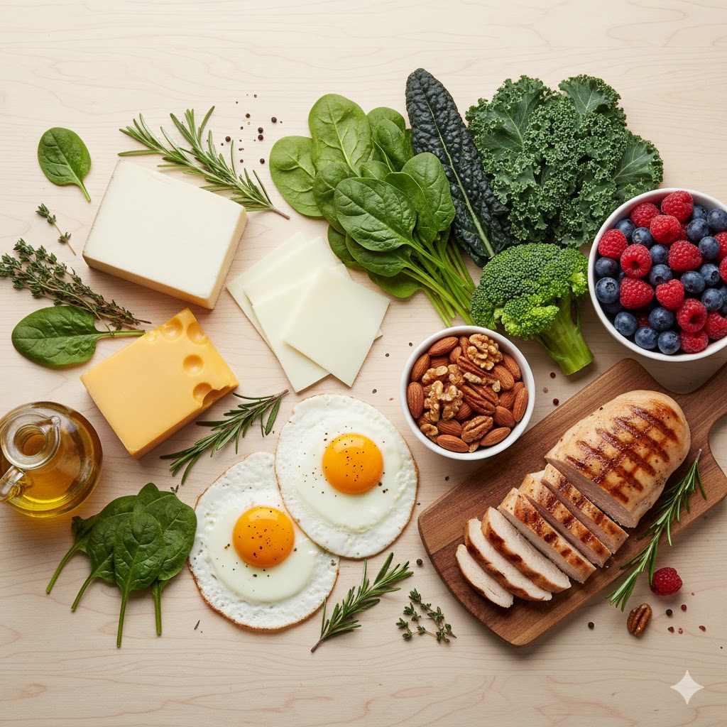 Assortment of low-carb foods like vegetables, nuts, eggs, and lean meat for a balanced diet