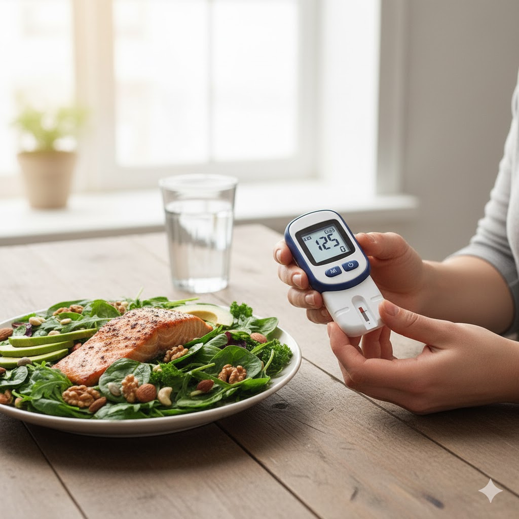 Person checking blood sugar after eating a low-carb meal