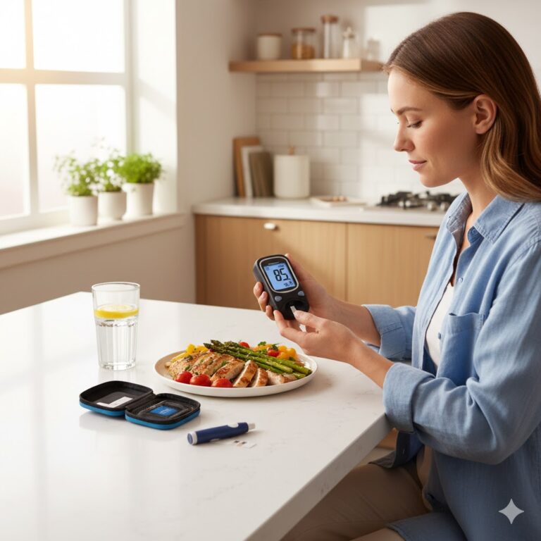 Person checking blood sugar at home with healthy food and water on the table.