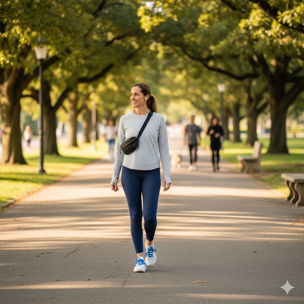 Person taking a light walk outdoors to lower blood sugar safely.