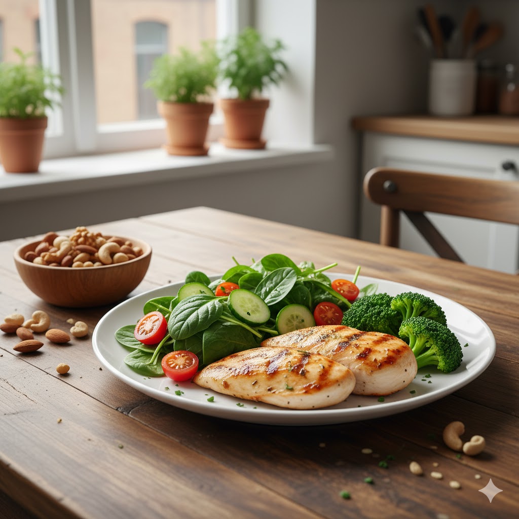 Plate of low-glycemic foods like vegetables, lean protein, and nuts for balanced blood sugar.